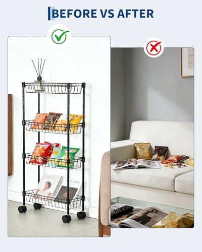 4-Tier Slim Rolling Storage Cart, 5.91" Wide Narrow Metal Utility Cart on Wheels, Multi-Functional Adjustable Shelving Unit with Anti-Fall Pads for Kitchen Gap, Bathroom, Laundry Room, Black - size: 4-tier