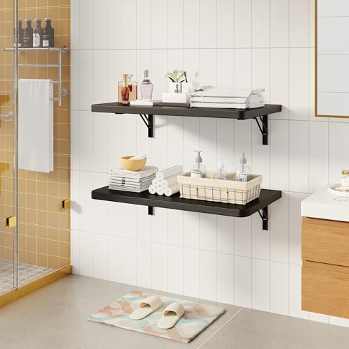 Dogsky 24" x 14" Floating Wall Desk, Fold Down Wall Table - 100 lbs Heavy Duty Solid Pine Wall Mount Folding Desk for Home Office, Laundry Room, Kitchen & Small Apartment, Black - color: Black, size: 24'' x 13.7'' x 6.3''