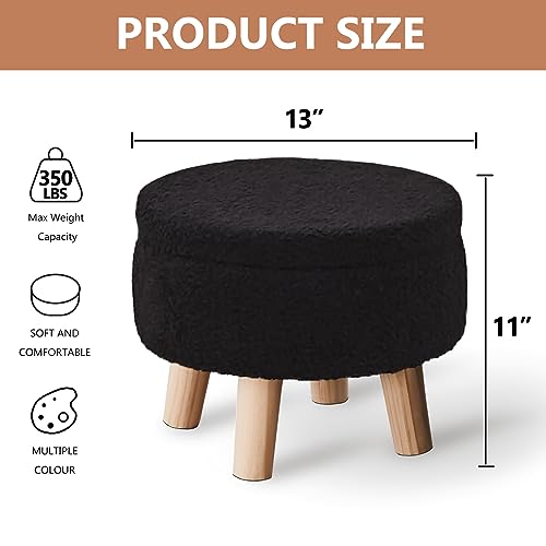 Wimarsbon Storage Ottoman, Modern Round Footrest with Soft Padded Seat, Teddy Velvet Footstool with Wood Legs, Accent Small Table or Plant Stand for Hallway, Living Room (Black) - color: Black