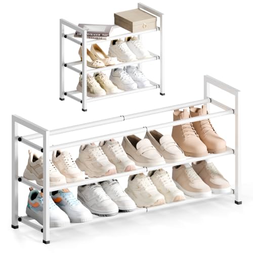 Bumusty 3 Tier Expandable Shoe Rack for Closet, White | 18"-33" Adjustable Shoe Rack for Entryway, Small Shoe Organizer for Dorm, Front Door, Sturdy Metal - color: White, size: 3-tier