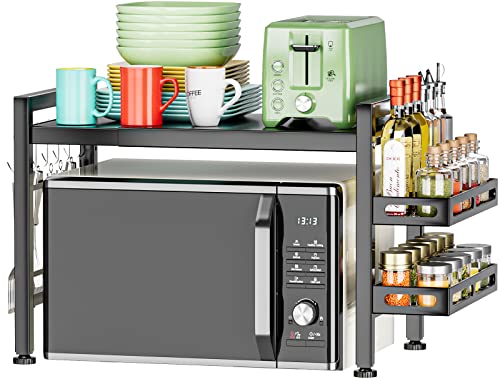 YIUKEA Extendable Microwave Oven Rack - Over Microwave Shelf Countertop 2 Tier Kitchen Microwave Stand (L15.7~23.6" xW12.8 xH17.7) with Spice Rack and 6 Hooks Black - color: Black with Spice Rack