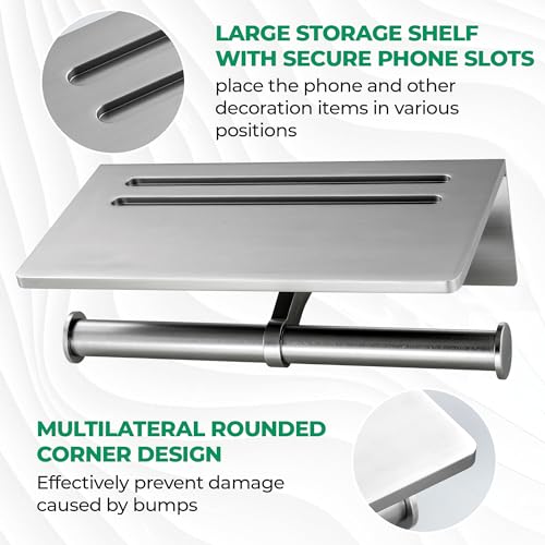 Toilet Paper Holder - Aluminium Double Roll Toilet Tissue Holder with Mobile Phone Shelf for Bathroom, 3M Self Adhesive No Drilling or Wall-Mounted, Rustproof Modern Style Brushed Nickel - color: Brushed Nickel-2 Roll