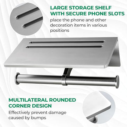 Toilet Paper Holder - Aluminium Double Roll Toilet Tissue Holder with Mobile Phone Shelf for Bathroom, 3M Self Adhesive No Drilling or Wall-Mounted, Rustproof Modern Style Brushed Nickel - color: Brushed Nickel-2 Roll