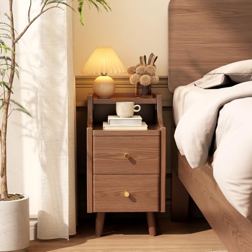 Narrow Nightstand with 2 Drawers,Walnut Nightstand,Bedside Table,Solid Wood Modern Bedside Table for Bedroom,Study,Toilet - color: Walnut, size: 15.75"D x 11.81"W x 22.32"H(2 Drawers)