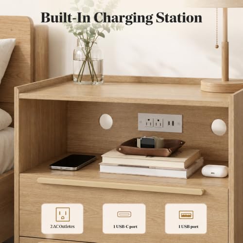 26 Inch Tall Natural Oak Nightstand with Charging Station, 2 Drawers | 24 inch wide, 16 inch deep design with raised-edge tray top, open shelf, hidden storage, and a lighter bedside feel - color: Natural Oak