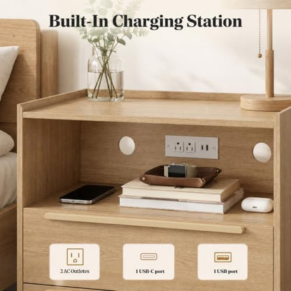 26 Inch Tall Natural Oak Nightstand with Charging Station, 2 Drawers | 24 inch wide, 16 inch deep design with raised-edge tray top, open shelf, hidden storage, and a lighter bedside feel - color: Natural Oak
