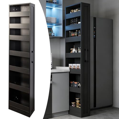 Tall Narrow Storage Cabinet, 71 Inch Tall, 8 Inch Wide, Black | 7-Shelf Slim Pull-Out Organizer with Wheels for Small Spaces, Kitchen, Bathroom, Laundry Room and Narrow Gaps - color: D-black