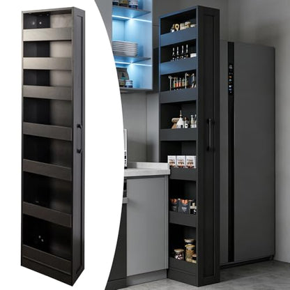 Tall Narrow Storage Cabinet, 71 Inch Tall, 8 Inch Wide, Black | 7-Shelf Slim Pull-Out Organizer with Wheels for Small Spaces, Kitchen, Bathroom, Laundry Room and Narrow Gaps - color: D-black