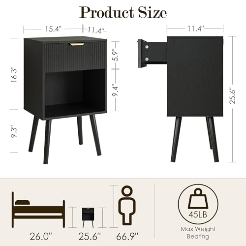 Black Fluted Nightstand, Modern Bedside Table with Storage Drawer, Wood Night Stand Side End Table for Bedroom, Living Room, Office - color: Black