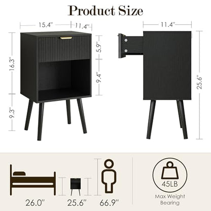 Black Fluted Nightstand, Modern Bedside Table with Storage Drawer, Wood Night Stand Side End Table for Bedroom, Living Room, Office - color: Black