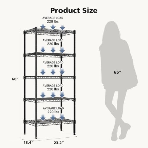 DUMOS 5-Tier Metal Wire Storage Shelves, Adjustable Standing Storage Rack Shelf, Heavy Duty Steel Shelving Unit Organizers for Kitchen Bathroom Pantry Garage, 23.2" Wx13.4 Dx59.8 H, Black - size: 5 Tiers-59.8"H without wheels