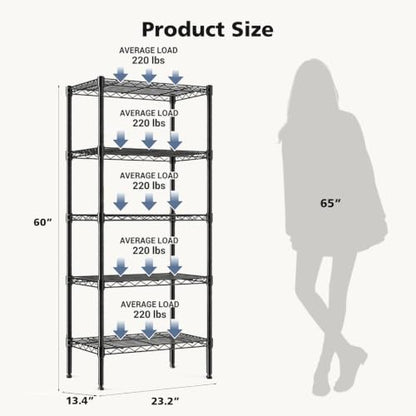 DUMOS 5-Tier Metal Wire Storage Shelves, Adjustable Standing Storage Rack Shelf, Heavy Duty Steel Shelving Unit Organizers for Kitchen Bathroom Pantry Garage, 23.2" Wx13.4 Dx59.8 H, Black - size: 5 Tiers-59.8"H without wheels