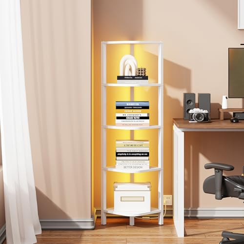 TUTOTAK Corner Shelf with LED Light, 5-Tier Corner Bookshelf | for Small Space, Narrow Display Corner Shelf Stand with Storage Rack, for Living Room, Bedroom, White BS08BW005L - color: White, size: 5-Tier Large With LED