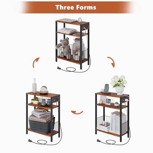 TRIFEBLE Narrow Side Table with Charging Station, Small End Table for Small Spaces, Slim Nightstand with Storage Basket, 3 Tier Skinny Bedside Table for Living Room, Bedroom, Rustic Brown - color: Rustic Brown, style: With Basket & Power