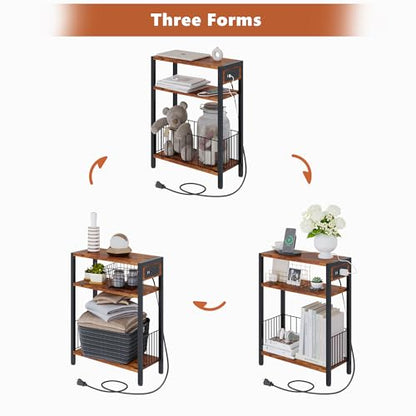TRIFEBLE Narrow Side Table with Charging Station, Small End Table for Small Spaces, Slim Nightstand with Storage Basket, 3 Tier Skinny Bedside Table for Living Room, Bedroom, Rustic Brown - color: Rustic Brown, style: With Basket & Power