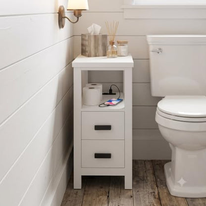 Narrow Nightstand with Charging Station, 24.4" H Slim Side Table with 2 Drawers, Bedside Table for Small Spaces, Modern End Table with Low Profile Legs (White) - color: White