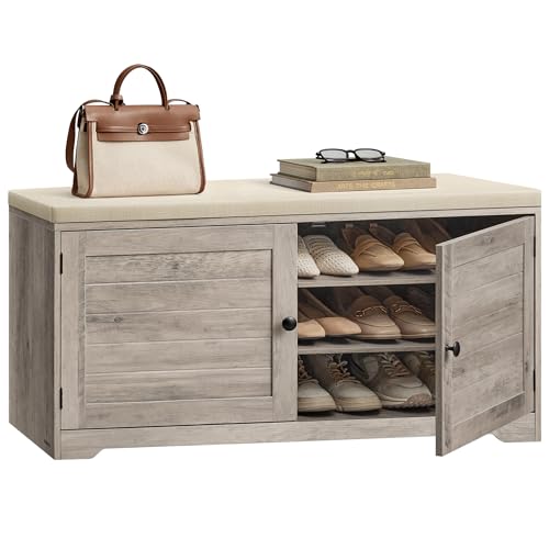 VASAGLE Shoe Storage Bench with Cushion, 3-Tier Entryway Bench with Padded Seat, Doors, Adjustable Shelves, 14 x 39.8 x 20.7 Inches, Hallway, Bedroom, Heather Greige and Cappuccino Beige ULSB044L01 - color: Heather Greige + Cappuccino Beige, size: 14"D x