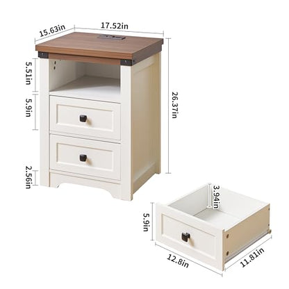 Night Stand Farmhouse Nightstand with Charging Station Bedside Table with Drawers, Wood Couch Side Table End Table for Bedroom, 1 Pack (White 17.5") - color: White 17.5"