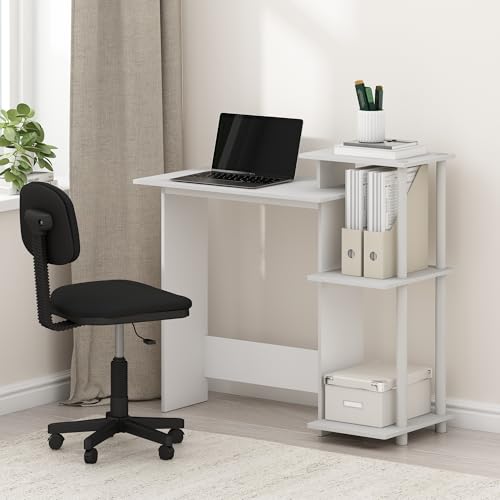 Furinno Efficient 29-Inch White Computer Desk with Side Shelves, Gaming Desk with 3 Open Shelves, Home Office Desk, for Home Office, Study Room, Dorm, Bedroom, Plain White - color: Plain White/White, size: 28.6-in with 3 Side Shelves