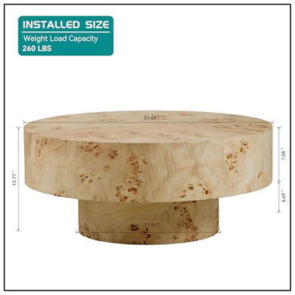 31.49'' Round Coffee Table Modern Wood Coffee Table for Living Room, Contemporary Circle Fluted Drum Pedestal Style, Burl Wood Veneer, Easy Assembly, Natural (ø31.49'' x 13.77'') - color: Ø31.49'' -Natural