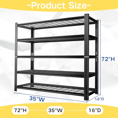 Garage Shelving, Heavy Duty Storage Shelves, Adjustable Boltless Units | Metal Shelving with Double Layer Posts, Industrial Steel Shelving for Garage Basement Warehouse Kitchen, Black, 72H*35W*16D - size: 35W*72H*16D-5T