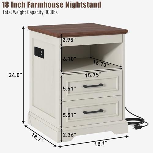 18" Farmhouse Accent Nightstand with Charging Station, Brown | End Table with 3 Drawers Storage, Side Table, Bedside Cabinet for LivingRoom Bedroom Office - color: Brown