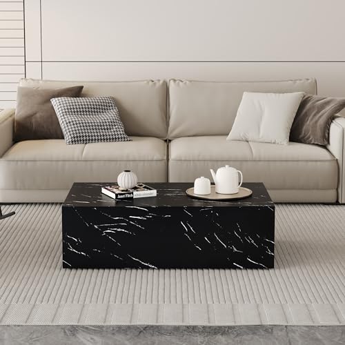 39" Rectangular Compact Coffee Table,Small Cube End Table,Modern Side Table with Stylish Faux Marble Pattern,Minimalist Accent Table for Living Room,Office,Apartment,Nightstand(Black,39") - color: Black,39.9"