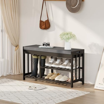 Shoe Rack Bench with Cushion,2 Tiers Shoe Bench with Flip-Top Storage,Wood Shoe Rack for Entryway, Hallway, Bedroom, Front Door Entrance (Black) - color: Black