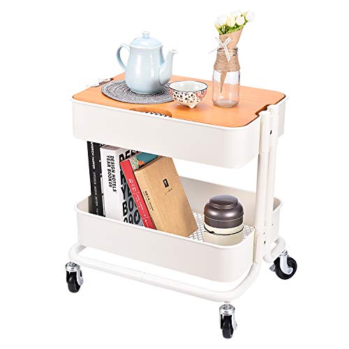 Melody House 2-Tier Metal Utility Rolling Cart Storage Side End Table with Cover Board for Office Home Kitchen Organization, Cream White - color: A- Cream White