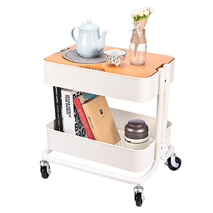 Melody House 2-Tier Metal Utility Rolling Cart Storage Side End Table with Cover Board for Office Home Kitchen Organization, Cream White - color: A- Cream White