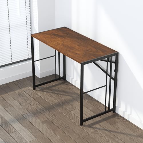 Lutown-Teen 35 inch Folding Small Desk, Writing Gaming Computer Camping Desk for Small Spaces, No Assembly Required Home Office Table, Mahogany - color: Mahogany, size: 35 Inch
