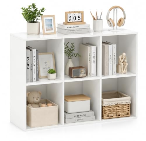 POWERSTONE 6 Cube Storage Organizer, Open Cube Bookshelf with Back Panels, Modern Display Cubby Bookcase for Bedroom Living Room Home Office, White - color: White, size: 6-Cube