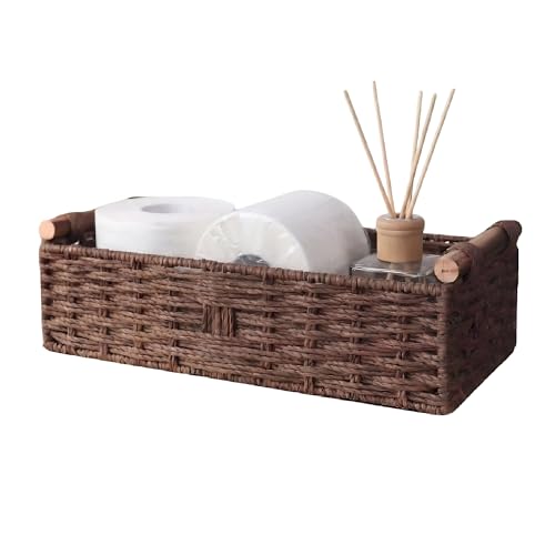 Brown Toilet Tank Basket, Back of Toilet Bathroom Storage | Paper Rope Basket with Wood Handles for Toilet Tank Top, Vanity, Shelf, Countertop Organizer, Dark Brown Bathroom Décor - color: Dark Brown