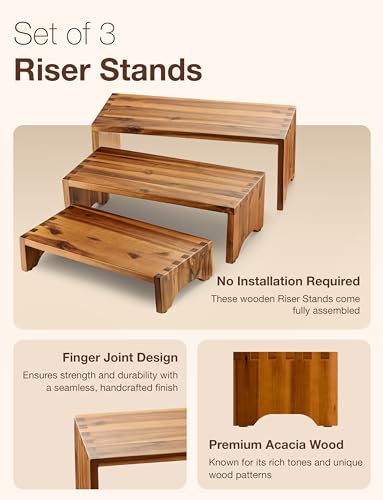 Tidita Wooden 3 Tier Cupcake Stand, Riser Display Stand with Non-Slip Pads | Set of 3 Size ,Solid Acacia Wood, No Assembly Required, Finger-jointed, Space-Saving Nesting Design, Multi-Purpose Display - color: Acacia