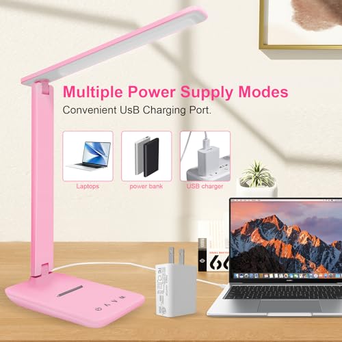 shinelife LED Desk Lamp for Office Home, Bright Desk Light with USB Charging Port, Adjustable Dimmable Desk Lamps 5 Modes 5 Brightness, Touch Study Lamp for Nail, Craft, Puzzle, Sewing, Study, Pink - color: Pink