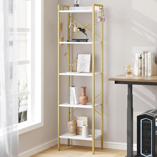 Hzuaneri Bookshelf, Book Shelf, Industrial Bookcase with 2 Hooks, Coner Shelf Storage Organizer for Home Office, Living Room, Bedroom, Kitchen, 5-Tier White Gold BC10513G - color: White Gold, size: 9.4"D x 15.7"W x 63"H