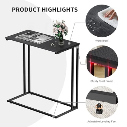 C-Shaped Side Table, Modern End Table with Metal Frame, Space Saving Design for Living Room，Large Surface Couch Table for Bedroom, and Home Office，24 x 12 x 24 inches (Black)