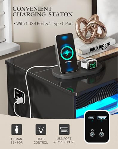LED Nightstand with Gun Drawer, Modern Bedside Table with 3-Color Lights & Human Sensor, Smart Night Stand with Charger Station, 2 Drawers End Table for Bedroom, Black - color: New-modern Black