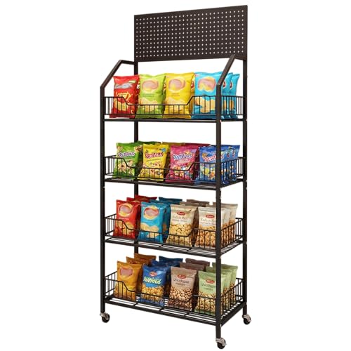 4 Tier Supermaket Snack Rack Display Stand, Retail Display Shelves with Hooks & Wheels, Metal Snack Shelf for Store Home Kitchen, Black Chip Rack Display Stand (4 Tier（60cm）) - size: 4 Tier（23.6inch）