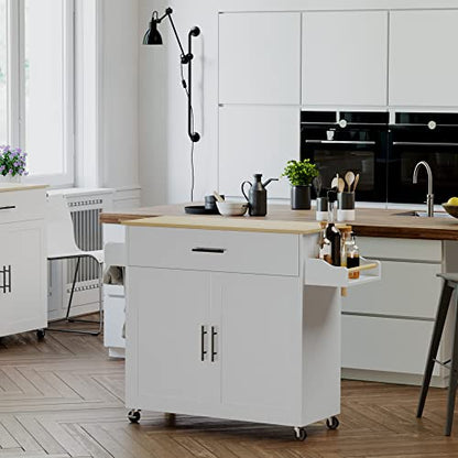 IRONCK Kitchen Island with Wheels and Drawers for Kitchen and Dining Room | Open Shelves, Storage, Daily home use - color: White