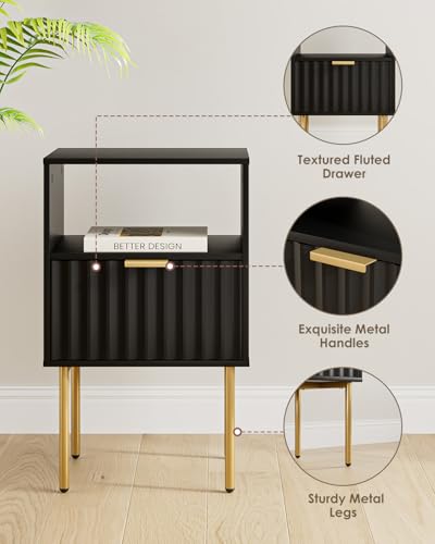 Nightstand,Modern Bedside Table with Gold Frame,White Night Stand,Bedside Furniture, Modern Side Table with Drawer and Shelf for Bedroom (Black) - color: Black