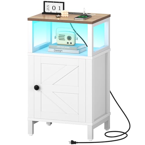 Yoobure Farmhouse NightStand with Charging Station，Wood Night Stand End Table with USB Ports, LED Bed Side Table with Storage Cabinet，Bedside Table for Bedroom, Living Room White - color: White