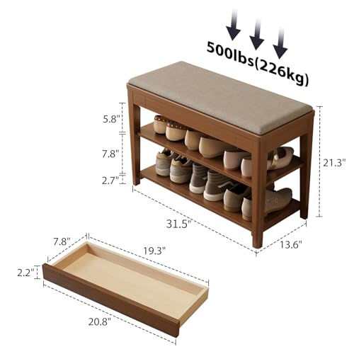 Small Shoe Bench with Storage, Wooden Shoe Storage Bench with Cushion&Hidden Drawer, 2-Tier Shoe Rack Bench for Entryway, Mudroom, Hallway - size: 31.5"W x 13.6"D x 21.3"H