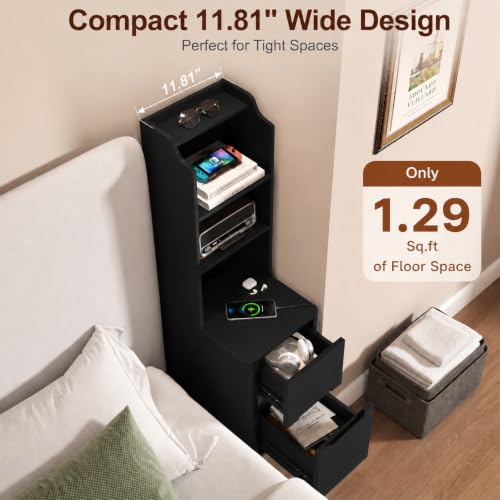 Tall Nightstand Set of 2 w/Charging Station, Narrow Nightstand w/Bookshelf | 47" Modern Side Table with 2 Drawers, Adjustable 4 Open Shelves, Wooden End Table Bedside Table for Bedroom (Black) - color: Black, size: Tall (2 drawer)