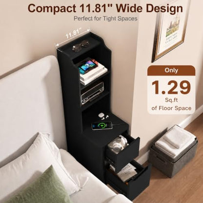 Tall Nightstand Set of 2 w/Charging Station, Narrow Nightstand w/Bookshelf | 47" Modern Side Table with 2 Drawers, Adjustable 4 Open Shelves, Wooden End Table Bedside Table for Bedroom (Black) - color: Black, size: Tall (2 drawer)