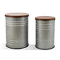 Glitzhome Rustic End Table Set of 2, Farmhouse Galvanized Metal Barrel Ottoman Storage Stool with Round Wood Lid for Living Room Furniture, Grey - color: Grey