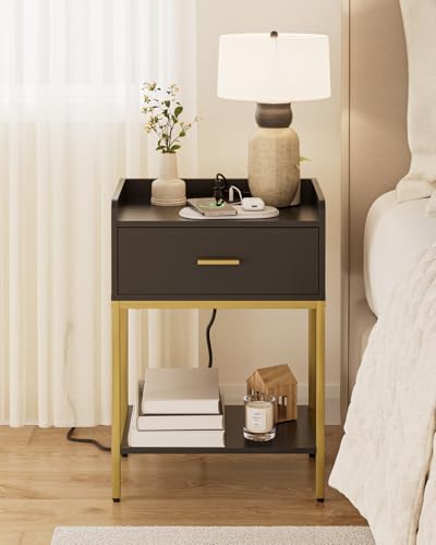 Nightstand with Charging Station,3-Tier Bedside Table for Small Space,Modern Night Stand with Storage Drawer and Shelf,Small Side Table for Bedroom,Living Room,Black - color: Black With Charging Station