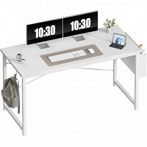 OLIXIS 55 Inch Computer Desk for Home Office, Writing Study Craft Gaming Table, Modern Computer Workstation with Storage Bag and Headphone Hook for Bedroom Small Spaces, White - color: White, size: 55 Inch with Hook