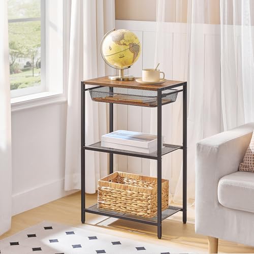 HOOBRO 28.7 Inch Tall Side Table, 3-Tier Industrial Telephone End Table with Adjustable Metal Mesh Basket, Desk Side Table with Storage Shelves, for Living Room, Bedroom, Rustic Brown BF06DH01 - color: Rustic Brown + Black