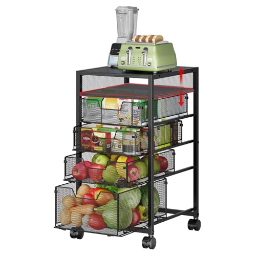 5-Tier Kitchen Utility Storage Cart with Adjustable Wood Top (Tabletop or Basket), Fruit Vegetable Storage Rack with Wheels & Drawers, Metal Rolling Pantry Cart, Kitchen Organizer for Snack Can Potato - size: 5-Tier Top Adjustable
